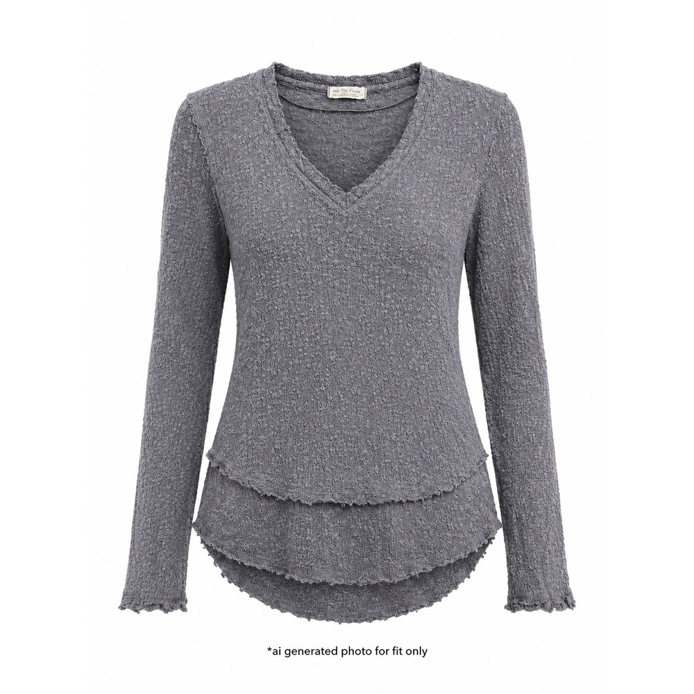 Free People We The Free Textured V-Neck Layered Hem Top Womens Small Grey
